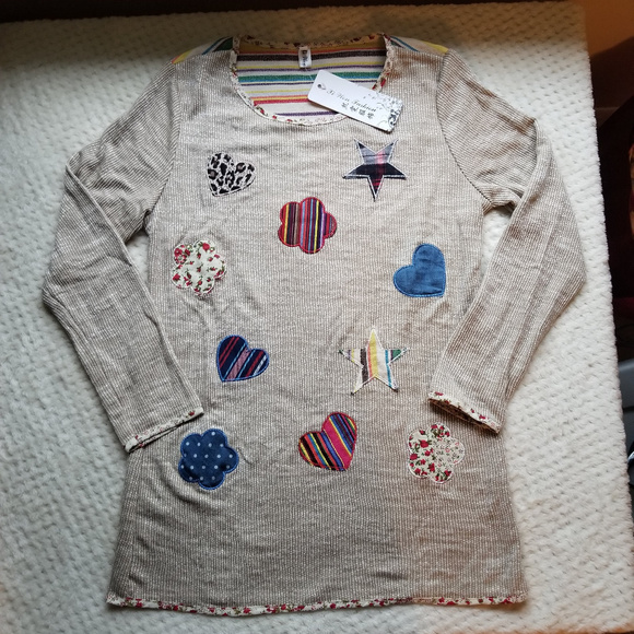 Ni Wen Fashion Sweaters - NWT Heart Star and Flower Trim Patchwork Sweater